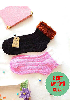 2 ÇİFT TAY TÜYÜ TERS HAVLU PATİK ÇORABI KABARTMALI KOKULU YILBAŞI HEDİYE PEMBE SİYAH ÇORAP 36-40
