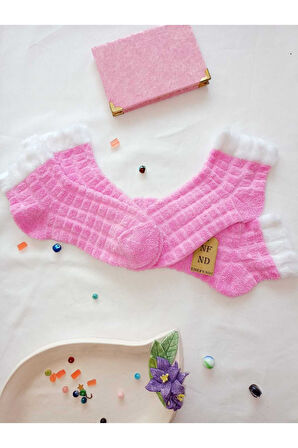 2 ÇİFT TAY TÜYÜ TERS HAVLU PATİK ÇORABI KABARTMALI KOKULU YILBAŞI HEDİYE SİYAHGRİ PEMBE ÇORAP 36-40