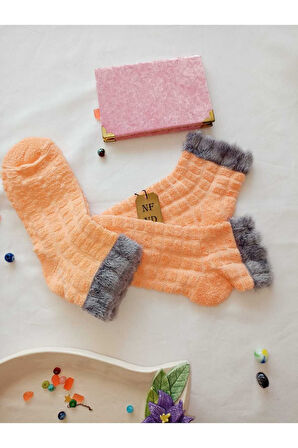 2 ÇİFT TAY TÜYÜ TERS HAVLU PATİK ÇORABI KABARTMALI KOKULU YILBAŞI HEDİYE SİYAH TURUNCU ÇORAP 36-40