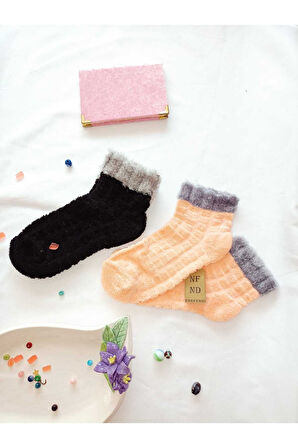 2 ÇİFT TAY TÜYÜ TERS HAVLU PATİK ÇORABI KABARTMALI KOKULU YILBAŞI HEDİYE TURUNCU SİYAH 36-40