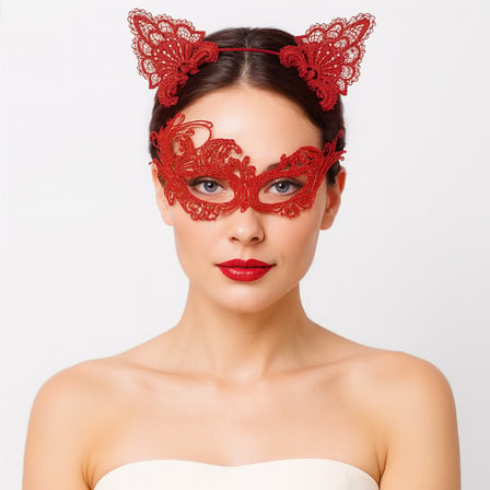 Gizemli Kırmızı Dantel Maske ve Taç Seti 1 No  Kostüm Seti