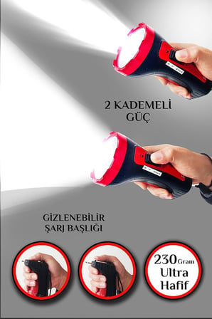 Şarjlı 10w Projektör Led El Feneri 2 Mod Aydınlatmalı Uzun Menzil Güvenlik Bekçi Polis Feneri Işılda