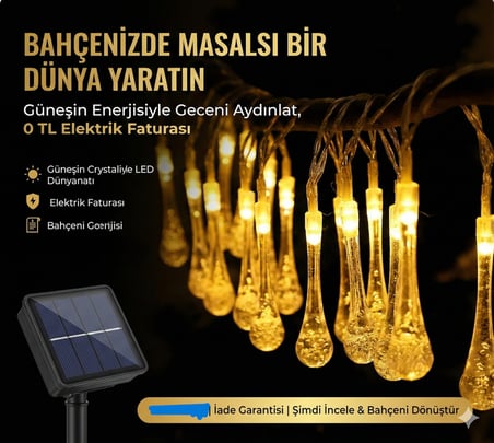 10 Led 2 Metre Sarı Kristal Su Damlası Güneş Enerjili Led Işık Solar Bahçe Ağaç Lamba Aydınlatması