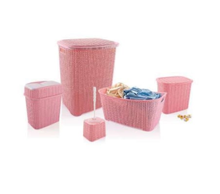 5 Parça Örgü Desenli Plastik Banyo Seti Çamaşır Sepeti Deterjanlık Klik Çöp Kovası Klozet Fırçası