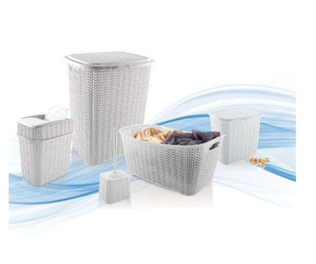 5 Parça Örgü Desenli Plastik Banyo Seti Çamaşır Sepeti Deterjanlık Çöp Kovası Klozet Fırçası  Gri