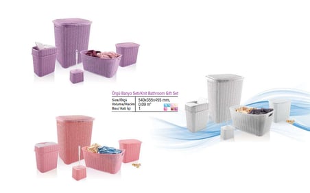 5 Parça Örgü Desenli Plastik Banyo Seti Çamaşır Sepeti Deterjanlık Çöp Kovası Klozet Fırçası  Gri