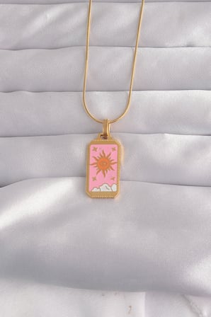 316L Çelik Gold Renk Pembe Mineli Güneş Model Tarot Ke