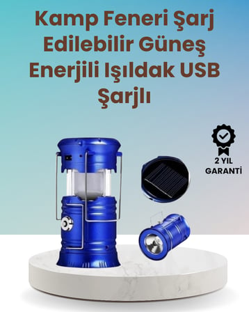 Şarj Edilebilir Güneş Enerjili Kızaklı Kamp Feneri – USB Çıkışlı, Katlanabilir, Dayanıklı ve Çok Fon