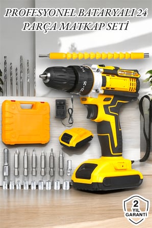 24 Parça Çift Bataryalı Şarjlı Matkap Seti 24W Motor ve  Mil Kilitli Tasarım