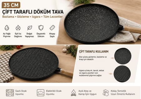 35 cm Döküm Gözleme Tavası Çift Taraflı Bazlama Izgara Tavası Ahşap Saplı Yapışmaz