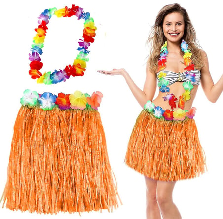 Hawaii Luau ha Turuncu Püsküllü 40 cm Etek ve Hawaii Ke Seti