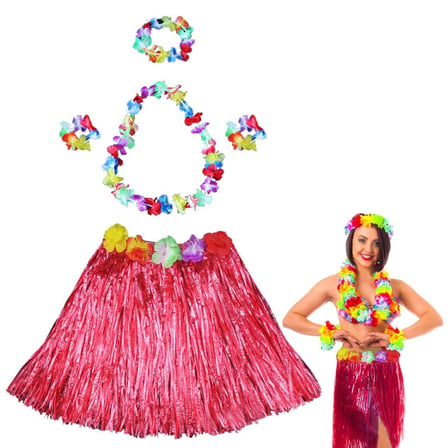Hawaii Dans Kostümü – Kırmızı Hula Etek & Çiçek Ke Seti