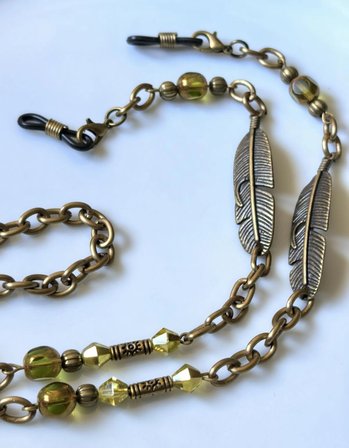 Zeytin Yeşili Yaprak Figürlü Antik Gold Gözlük Zinciri – Kristal Taşlı - THINBLACK®