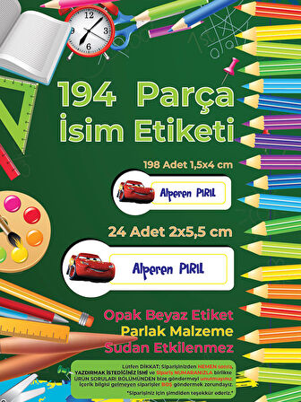 Okul Etiketi Kalem Defter Etiketi, Şimşek Macqueen Etiketi - 194 Adet Opak Sticker