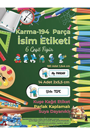 Okul Etiketi Kalem Defter Etiketi, Şirinler v1 Etiketi - 194 Adet Opak Sticker