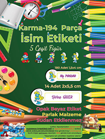 Okul Etiketi Kalem Defter Etiketi, Şirinler v2 Etiketi - 194 Adet Opak Sticker