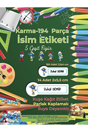 Okul Etiketi Kalem Defter Etiketi, Şirinler v4 Etiketi - 194 Adet Opak Sticker
