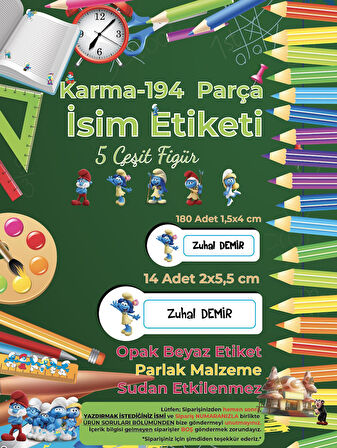 Okul Etiketi Kalem Defter Etiketi, Şirinler v4 Etiketi - 194 Adet Opak Sticker