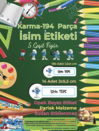 Okul Etiketi Kalem Defter Etiketi, Şirinler v3 Etiketi - 194 Adet Opak Sticker