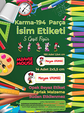 Okul Etiketi Kalem Defter Etiketi, Minnie Mouse Etiketi - 194 Adet Opak Sticker