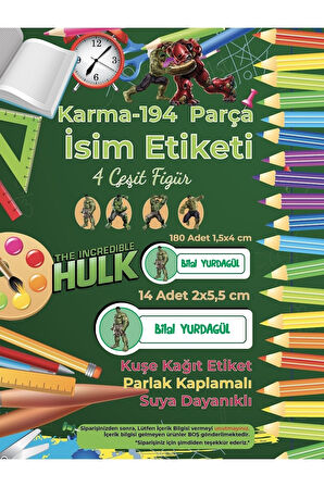 Okul Etiketi Kalem Defter Etiketi, Hulk Etiketi - 194 Adet Opak Sticker
