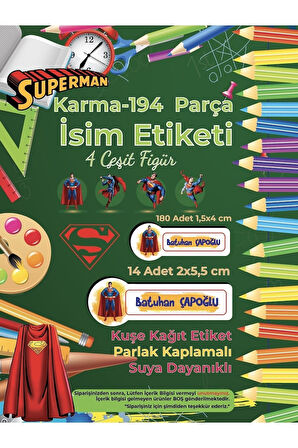 Okul Etiketi Kalem Defter Etiketi, Supermen v2 Etiketi - 194 Adet Opak Sticker