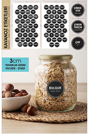 Siyah Yuvarlak Kesim Baharat, Bakliyat Etiket Modeli 3cm - 70 Adet Opak Sticker