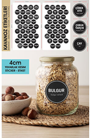 Siyah Yuvarlak Kesim Baharat, Bakliyat Etiket Modeli 4cm - 70 Adet Folyo Sticker