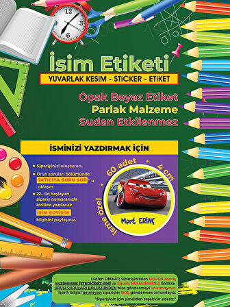 Okul Etiketi Kalem Defter Etiketi, Şimşek Macqueen Etiketi - 60 Adet 4cm Opak Sticker