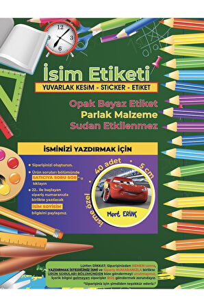 Okul Etiketi Kalem Defter Etiketi, Şimşek Macqueen Etiketi - 40 Adet 5cm Opak Sticker