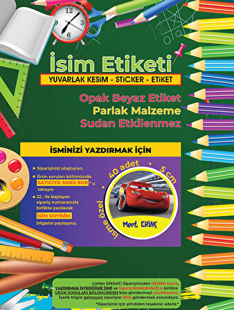 Okul Etiketi Kalem Defter Etiketi, Şimşek Macqueen Etiketi - 40 Adet 5cm Opak Sticker