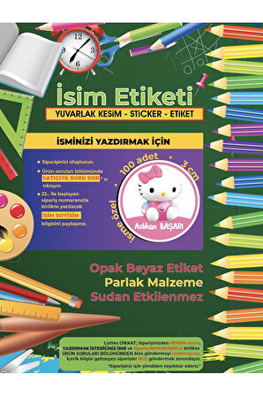 Okul Etiketi, Kalem Defter Etiketi - Hello Kitty Etiketi - 100 Adet 3cm Opak Sticker