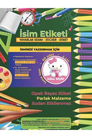 Okul Etiketi, Kalem Defter Etiketi - Hello Kitty Etiketi - 40 Adet 5cm Opak Sticker
