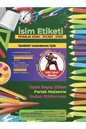 Okul Etiketi, Kalem Defter Etiketi, iron Man Etiketi - 60 Adet 4cm Opak Sticker