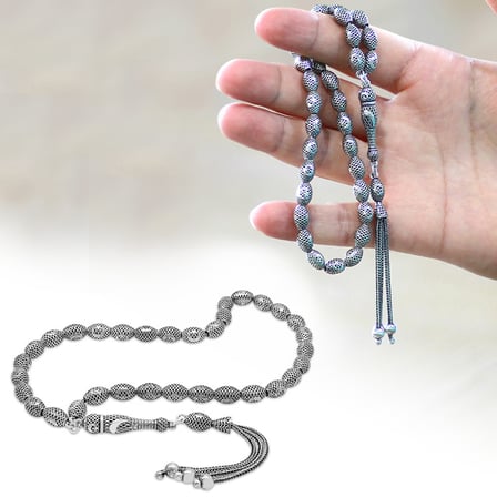 3 Kamçılı Püsküllü Telkari Tasarım Ayyıldız Detaylı Arpa Kesim Eskitme Renk 925 Ayar Gümüş Tesbih