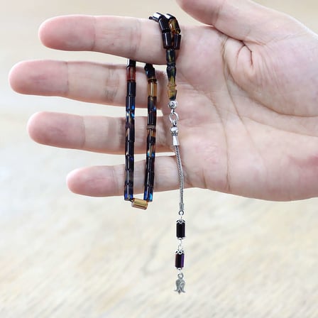 925 Ayar Gümüş Püsküllü Kesme Kesim Mini Boy Bonibon Ateş Kehribar Tesbih