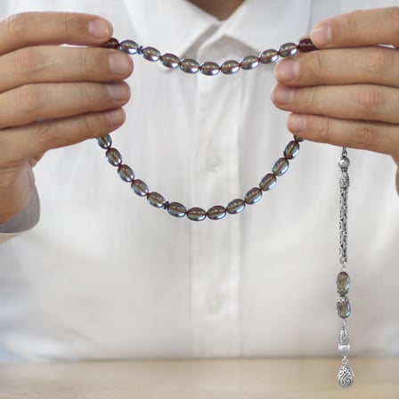Ateş Kehribar Tesbih - 925 Ayar Gümüş Kral Zincir Püsküllü - Su Mavisi Renk - Arpa Kesim