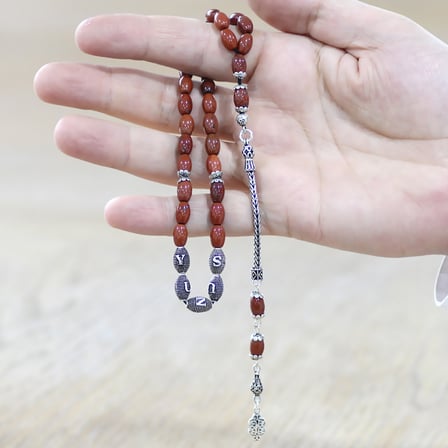 Doğaltaş Opal Tesbih - 925 Ayar Gümüş Püsküllü - Kişiye Özel İsim Yazılı - Kırmızı Renk - Arpa Kesim