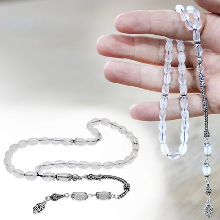 Doğaltaş Kuvars Tesbih - 925 Ayar Gümüş Püsküllü - Beyaz Renk - Arpa Kesim