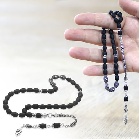 Doğaltaş Mat Oniks Tesbih - 925 Ayar Gümüş Püsküllü - Kişiye Özel İsim Yazılı - Arpa Kesim