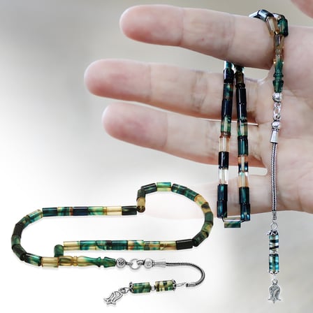 Ateş Kehribar Tesbih - 925 Ayar Gümüş Püsküllü - Mini Boy - Mavi Beyaz Renk - Kesme Kesim