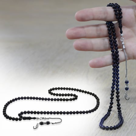 Sıkma Kehribar Namaz Tesbihi - 925 Ayar Gümüş Vav Püsküllü - Süzme Mavi Siyah - Küre Kesim
