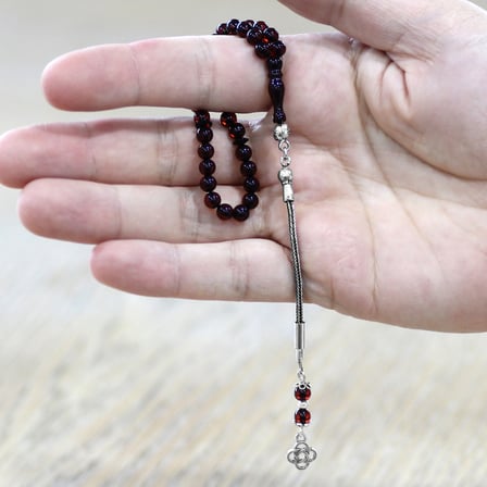 Damla Kehribar Tesbih - 925 Ayar Gümüş Püsküllü - Mini Boy - Koyu Kırmızı - Küre Kesim