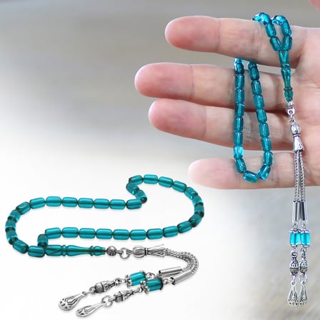 Ateş Kehribar Tesbih - Mini Boy - Kararmaz Metal Damla Püsküllü - Su Mavisi - Kapsül Kesim