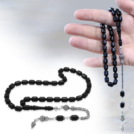 Sıkma Kehribar Tesbih - 925 Ayar Gümüş Kral Zincir Püsküllü - Elmas Kesim - Siyah Renk