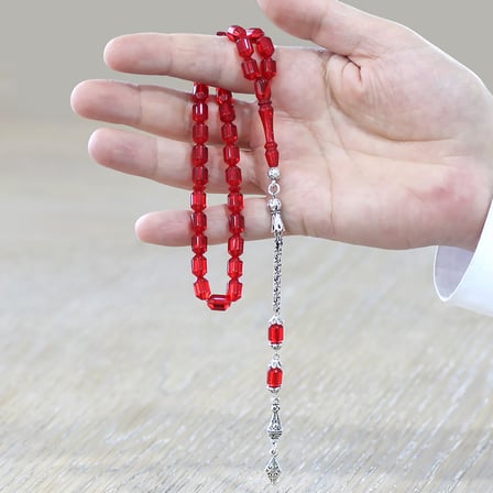 Ateş Kehribar Tesbih - Metal Arnavut Zincir Püsküllü - Elmas Kesim - Kırmızı Renk