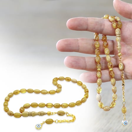 Ateş Kehribar Tesbih - Gold Metal Nazar Boncuğu Püsküllü - Hareli Sarı Renk - Özel Kesim