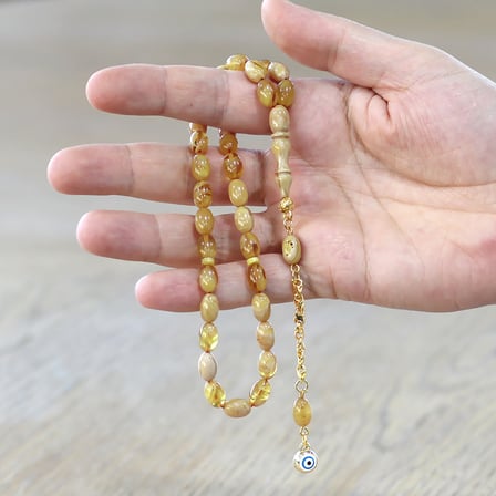 Ateş Kehribar Tesbih - Gold Metal Nazar Boncuğu Püsküllü - Hareli Sarı Renk - Özel Kesim