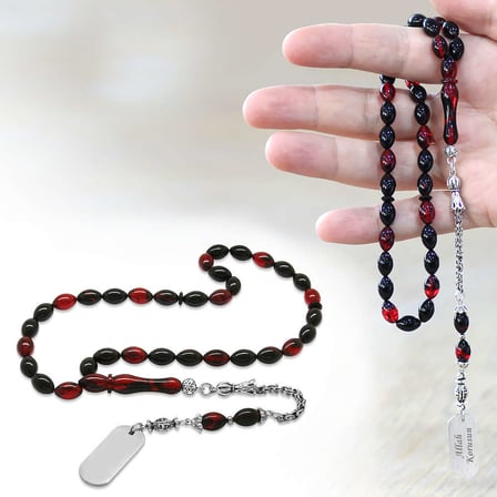 Ateş Kehribar Tesbih - Metal Püsküllü - Kırmızı Siyah Renk - İsme Özel Yazılı - Arpa Kesim