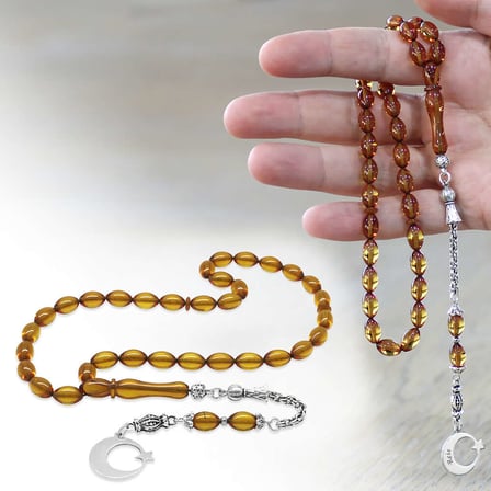 Ateş Kehribar Tesbih - Metal Püsküllü - Sarı Renk - Ayyıldız Uçlu İsme Özel Yazılı - Arpa Kesim